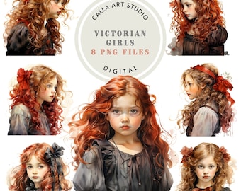 Victorian Girls Clip Art Bundle for DIY Stationery Vintage Projects Crafts Vintage Girls with Red Hair PNG Digital Download Scrapbooking