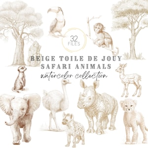 Clipart de animales de safari en acuarela beige, Toile de Jouy Jungle, Arte infantil neutro, Bebé safari en acuarela PNG, Ilustraciones de animales salvajes