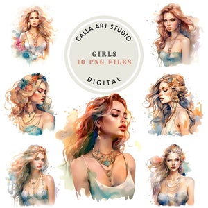 Beautiful Girls Watercolor Clipart Bundle Clipart for T-Shirt Wall Art People Romantic Clipart Digital DownloadCute Girl PNG Commercial Use
