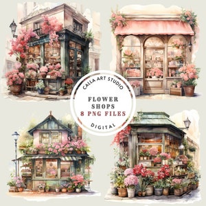 Clipart di negozi di fiori ad acquerello, fiori primaverili, PNG di negozi vintage per la creazione di biglietti, scrapbooking, arte architettonica ad acquerello, uso commerciale