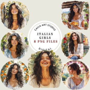 Pacote de clipart de aquarela de garotas italianas para uso comercial, PNG inspirado na Itália, ilustrações de mulheres felizes, clipart romântico, scrapbooking
