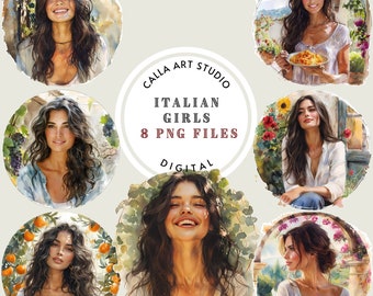 Italian Girls Watercolor Clipart Bundle for Commercial Use, Italy Inspired PNG, Happy Women Illustrations, Romantic Clipart, Scrapbooking