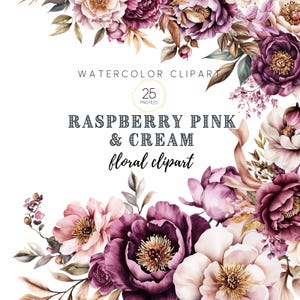 Aquarell Blumen Clipart, Himbeer rosa Creme Florals, Hochzeit Clipart, Blumenarrangements, Blumen Clipart, rosa Blumen, vorgefertigte Clipart