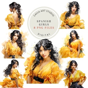 Meninas espanholas em vestidos amarelos aquarela PNG Clip Art Moda Clipart Menina Linda Senhora para Cartazes Artesanato Scrapbooking Uso Comercial
