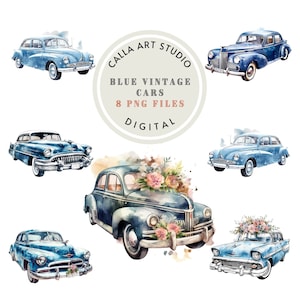Watercolor Vintage Cars Clipart Bundle PNG Blue Car Watercolor Car Clipart for Scrapbooking Retro Cars PNG Digital Download Commercial Use