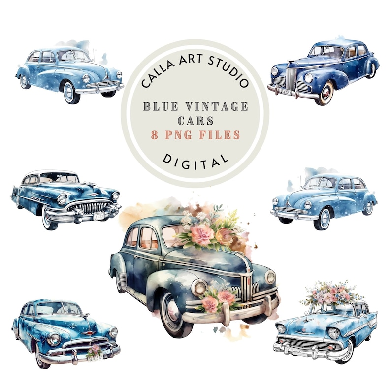 Watercolor Vintage Cars Clipart Bundle PNG Blue Car Watercolor Car ...