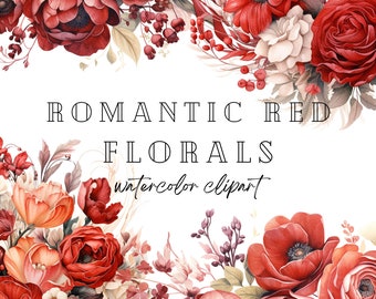 Romantic Red Floral Bouquets Clipart Pack, Watercolor Wedding Flowers, Bridal PNG, Bright  Watercolor Flowers, Transparent PNG for Invites