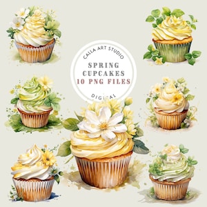 Imágenes prediseñadas de cupcakes de acuarela para tarjetas, postres para fiestas de cumpleaños, dulces de Pascua PNG, diseño de menú de cupcakes, imágenes prediseñadas de marketing de panadería, PNG de primavera