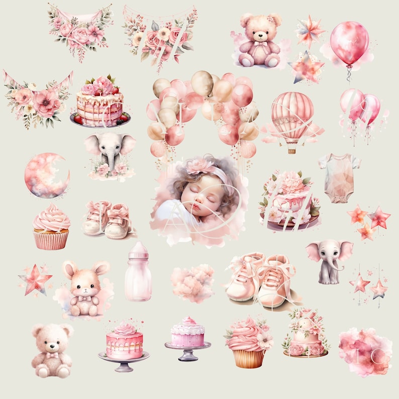 Watercolor Baby Shower Clipart Bundle, Pink Nursery Clipart, Teddy Bear ...