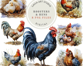 Watercolor Chicken Clipart Roosters PNG Farm Animals Clip Art Hen Clipart Cottagecore Printable Graphics Junk Jornal Digital Scrapbooking