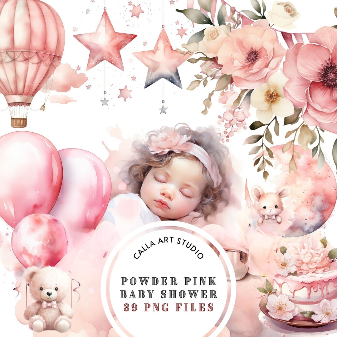 Watercolor Baby Shower Clipart Bundle, Pink Nursery Clipart, Teddy Bear ...