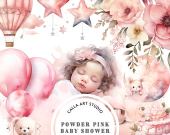 Bundle de cliparts aquarelle baby shower, clipart chambre d'enfant rose, ours en peluche PNG, clipart bébé fille, baby shower Boho, clipart fête d'anniversaire