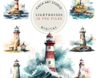 Pacchetto Clipart Faro Oceano Acquerello Paesaggio Clipart Paesaggio Marino Faro Png Clipart Nautico per Scrapbooking Cardmaking