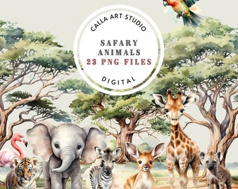Clipart acquerello di animali da safari, PNG di animali selvatici, PNG trasparenti, Clipart di animali della giungla, giraffa, elefante, leone, zebra, ippopotamo
