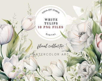 White Tulip Watercolor Bouquets, Spring Floral Arrangements, Tulip Flowers, Wedding Clipart, Scrapbooking, Floral Clipart, Boho Flowers