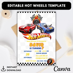 Hot Car Wheels Birthday Invitation, Hot Cars Invitation, Race Car Birthday Party Invitation, Fast Wheel Personalized Template,Canva Editable