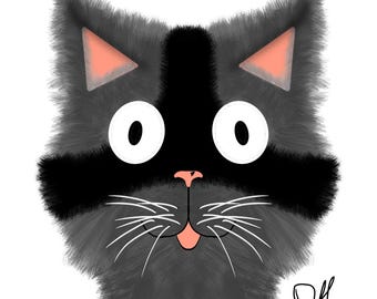 May include: A cartoon illustration of a grey cat with a black mask over its eyes. The cat has large, white eyes and a pink tongue sticking out.
