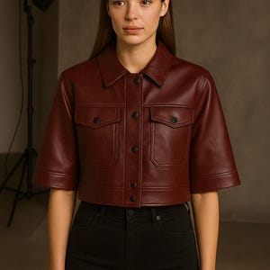 Burgundy Cropped Leather Moto Jacket: Boxy Vintage Style