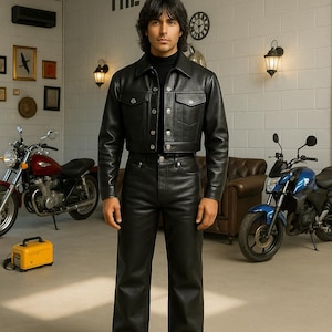 Men’s Black Leather Jacket & Pants Set – Handmade Biker Outfit, Cropped Jacket with Wide-Leg Trousers, Moto Style Festival Fashion trending