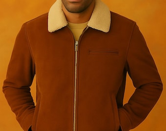 Vintage Hill & Archer Suede Leather Brown Bomber Jacket Men