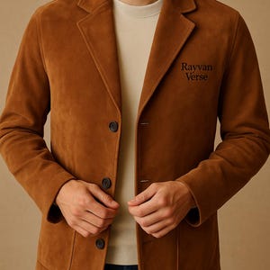 Blazer masculino feito à mão em couro camurça camelo premium com verso gravado Rayvan | Casacos atemporais personalizados e feitos à mão para o outono e inverno