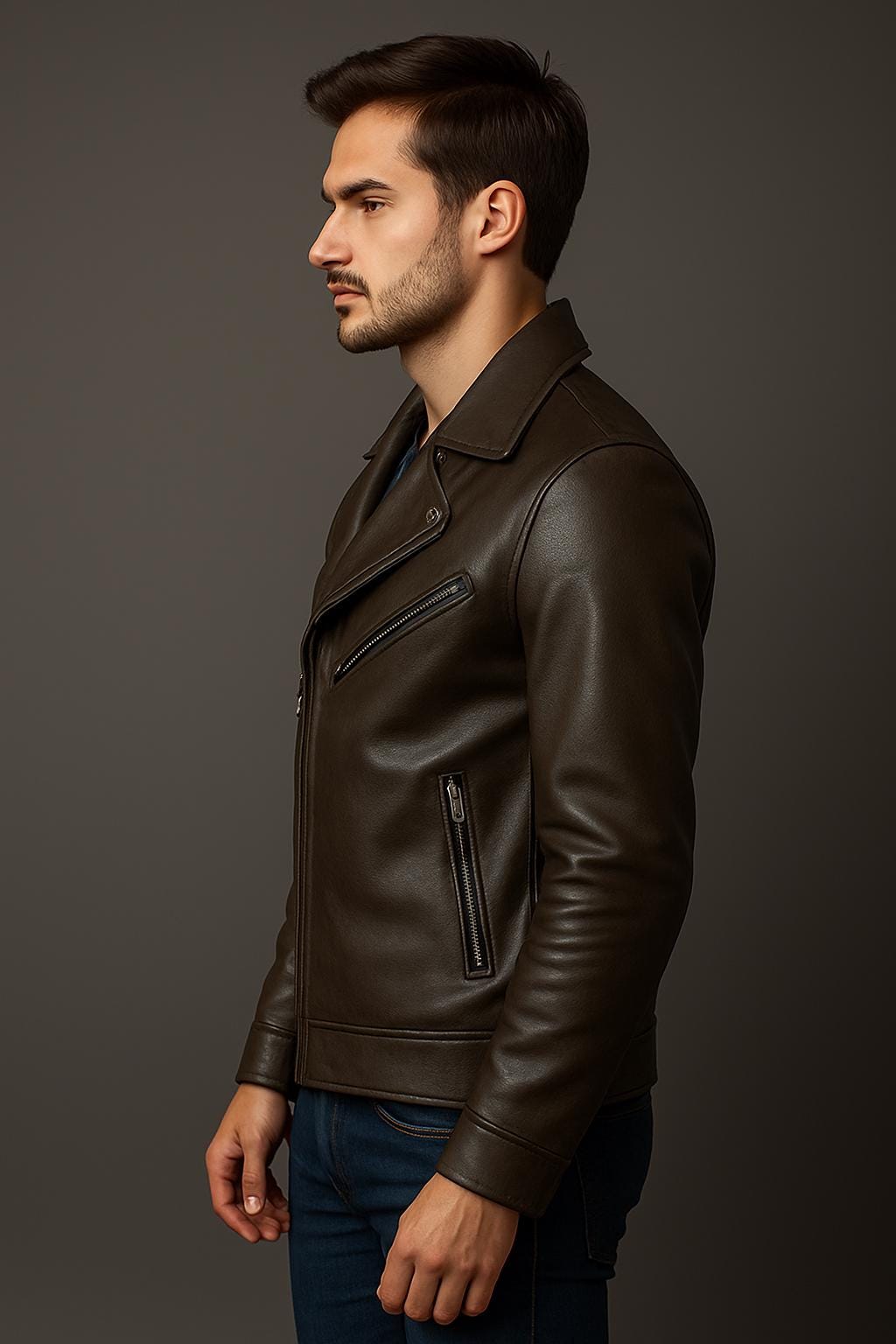 メンズブラウンレザーバイカージャケット：スリムフィット本革アウター