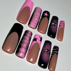Black & Pink Press-On Nails - Animal Print/Aura/French Tip/Star Design | XS-XL Square/Almond/Coffin | Glossy Finish