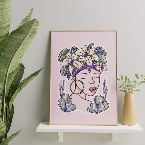 Digital Download She is Print, Woman of Color Digital Print, Floral Headdress Print