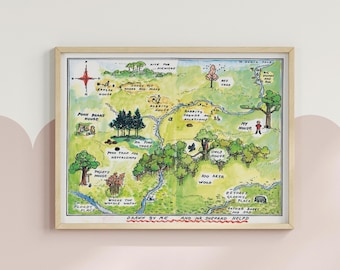 Winnie the Pooh Map Poster Print, 100 Acre Wood Poster, Classic Storybook Nursery Wall Art, Vintage Children’s Room Decor