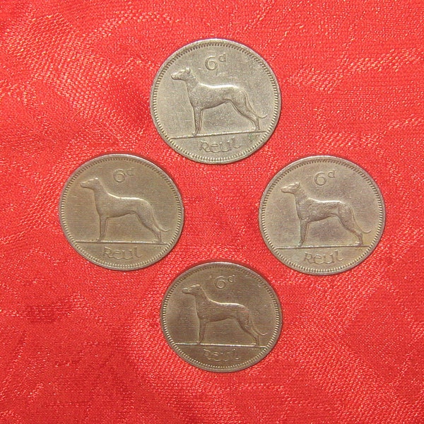Vintage Wholesale Lot of 4- 20mm Irish Ireland Celtic Silver Tone Six Pence Wolfhound / Harp Coins Free Shipping
