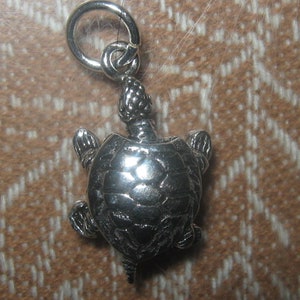 May include: Silver turtle charm with a detailed shell and a loop for attaching to a necklace or bracelet.