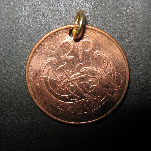 Authentic Year 2000- 2 Pence Irish Celtic Harp Bird Coin  Pendant