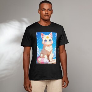 Cute Anime Cat Tee, Unisex Heavy Cotton Tee for Cat Lovers, Kawaii Shirt, Gift for Anime Fans, Cartoon T-Shirt, Casual Wear