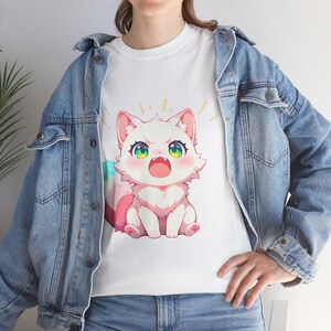 Cute Cartoon Cat Unisex Heavy Cotton Tee, Adorable Graphic Shirt, Gift for Cat Lovers, Fun Casual Wear, Kawaii Style Apparel