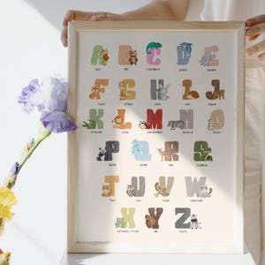 Animales ABC – Póster del alfabeto para la habitación de los niños | Carteles de aprendizaje con animales A-Z | Impresión digital A4 y A3