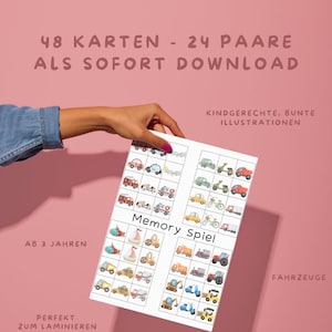 Memory Spiel - FAHRZEUGE – Lernspiel mit 48 Karten, 24 Paare - für Kinder und Erwachsene - Digital Download - zum selber Ausdrucken