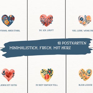 Cartes postales - Minimaliste. Effronté. Avec coeur. - Coffret avec des dictons sympas – 10 cartes numériques à imprimer (A6/A5, PDF)