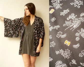 Vintage Black Novelty Print Japanese Kimono Duster Jacket Haori