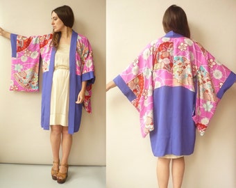 Vintage Reversible Floral Pattern Japanese Kimono Duster Jacket Haori