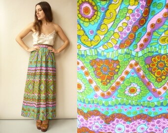 Hippie psichedelico floreale stampa Maxi gonna taglia di vintage 1970 XS