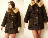 1960 39 s Vintage Black Cropped Faux Fur Princess Coat With Shearling Furry Collar Size S M