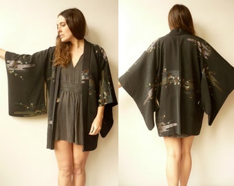 Vintage Black Silk Japanese Kimono Duster Jacket Haori With A Glittery Pattern