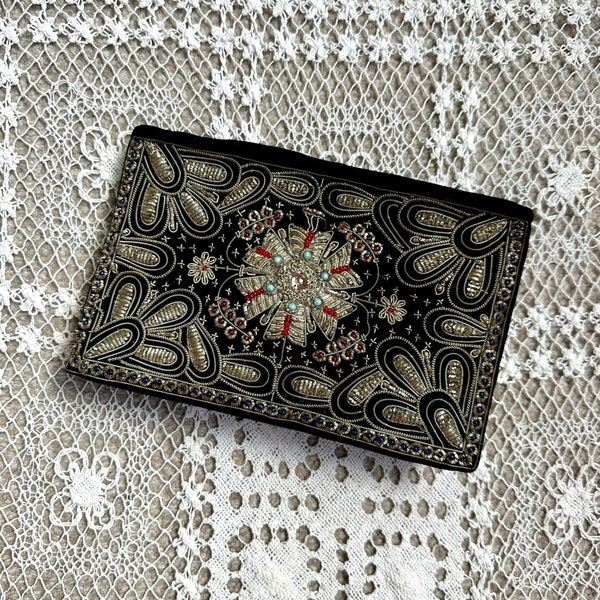 1970's Indian Zardozi Embroidered Black Velvet Clutch Bag Purse