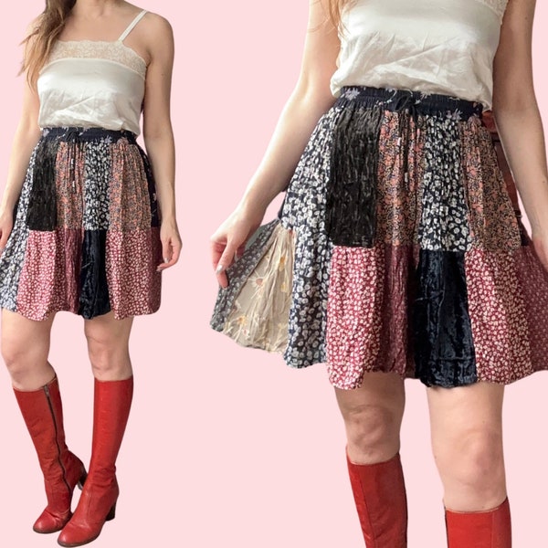 1990's Vintage Indian Patchwork Floral & Velvet Grunge Mini Skirt