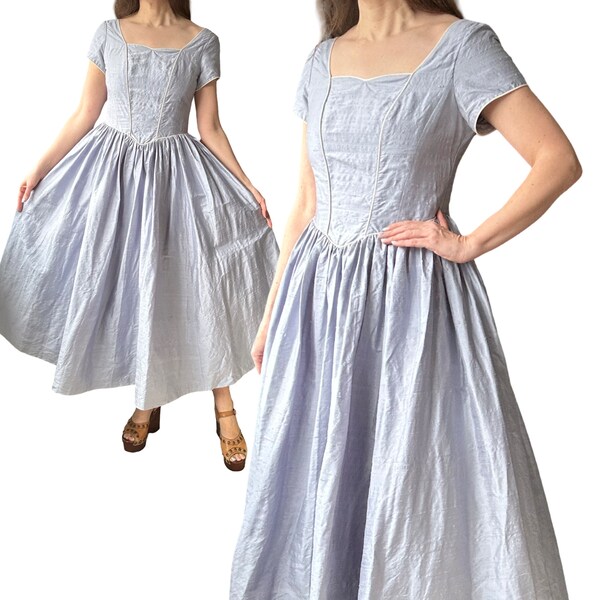 1980's Vintage Laura Ashley Baby Blue Raw Silk Prom Dress With Puff Sleeves Size Small