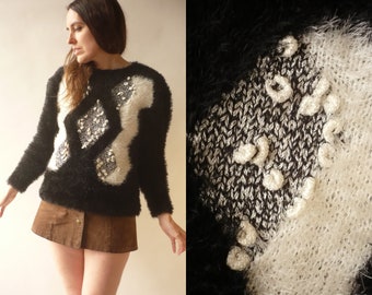 1980's Vintage Novelty Monochrome Fluffy Textured Slouchy Jumper