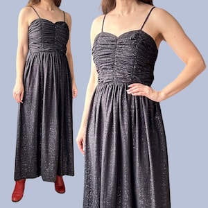 1970&#39;s Vintage Black & Glittery Silver Metallic Bohemian Ruched Maxi Dress Size Small