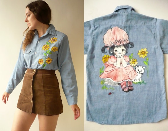 1970's Vintage Novelty Hand Painted Blue Chambray