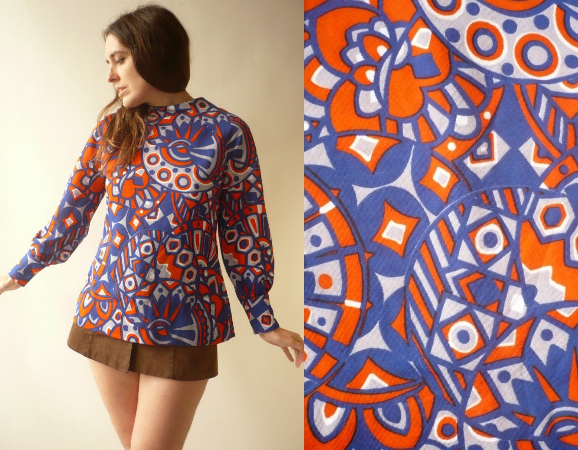 Image of 's Vintage Orange & Blue Psychedelic Retro Print Tunic Top Size Medium