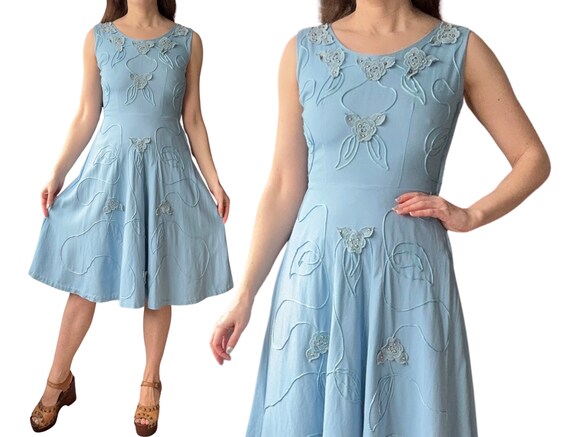 1950's Vintage Cornflower Blue Applique & Soutach… - image 1